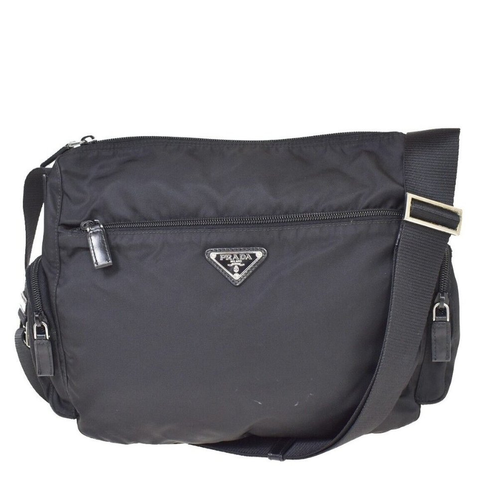 PRADA MILANO Logo Tessuto Shoulder Bag Nylon Leather Black Silver Italy 32BW995
